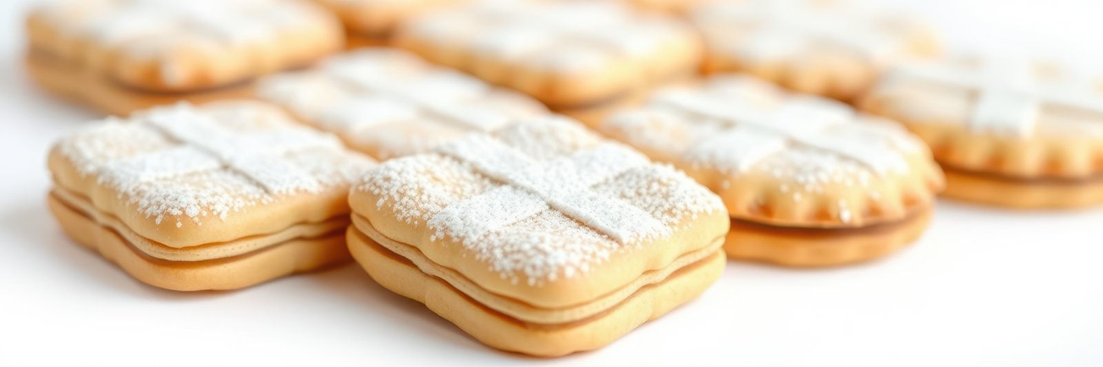 Delicious square cookies with cream filling and powdered sugar on top arranged neatly on a table
